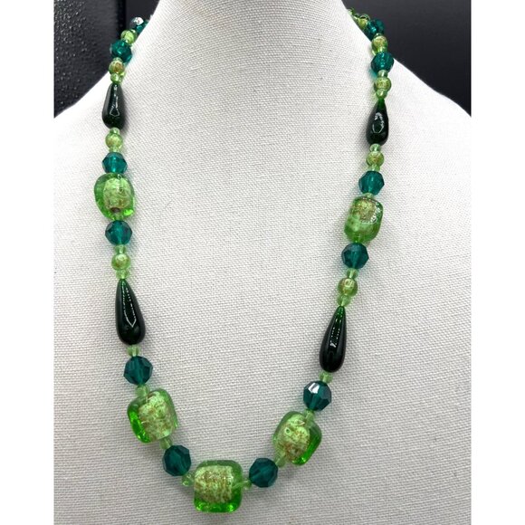 Green Teal Glass Necklace Beads Aventurine Multi-shaped Artisan Made 24 + 3" - Picture 1 of 11